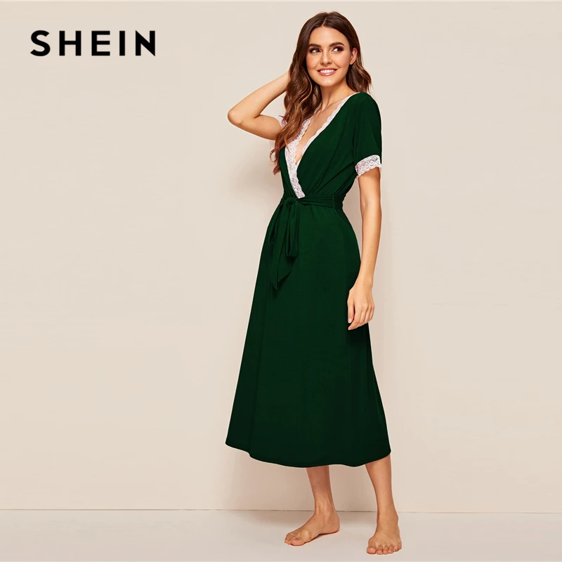 SHEIN Green Футболка с кружевной отделкой и глубоким v-образным вырезом, ночная сорочка с поясом для женщин, ночная рубашка, осенняя пикантная Женская одежда для сна с коротким рукавом