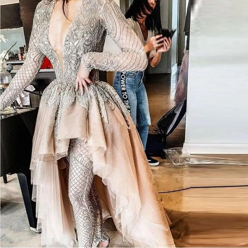 Дизайнерские комбинезоны, платья на выпускной, Robe de soiree, высоко-низко, саудовская арабское, с длинными рукавами, кружевное, с бусинами, вечернее платье, праздничная одежда