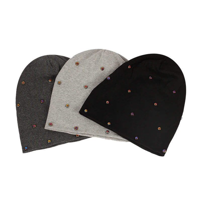 Frauen lässig mehrfarbige Perlen Schädel Mützen Hut weich gestrickte Hauben Damen Frühling Herbst Slouchy Stretch Cap