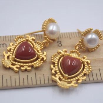 

Real S925 Silver Dangle Earrings For Women Red Agate Elegant Earrings Pattern Drop Hook Gift
