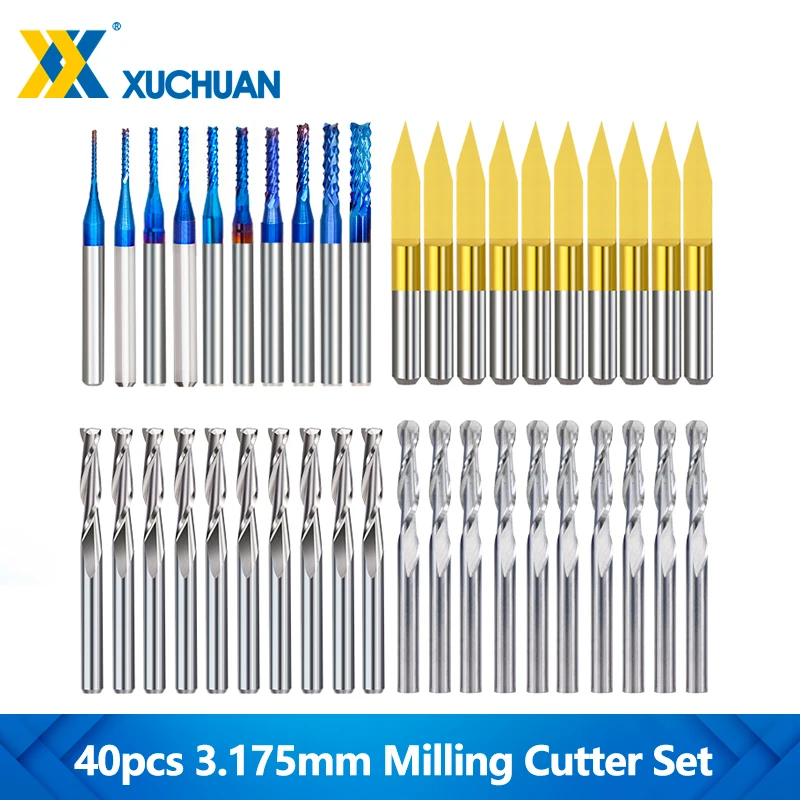 10/40pcs End Mill Engraving Bits Set 3.175mm Shank CNC Router Bits Ball