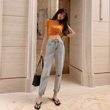 Джинсы с высокой талией, обтягивающие, на молнии, с дырками и царапинами, свободные, прямые, в винтажном стиле, Осенние, свободные, женская одежда, pantalones muje