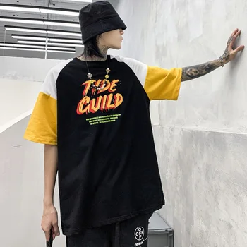 

Summer Pure Cotton Rap-Man Graphic Letters Print Short Sleeved T shirt Color Contrast High Street Couples T-shirt