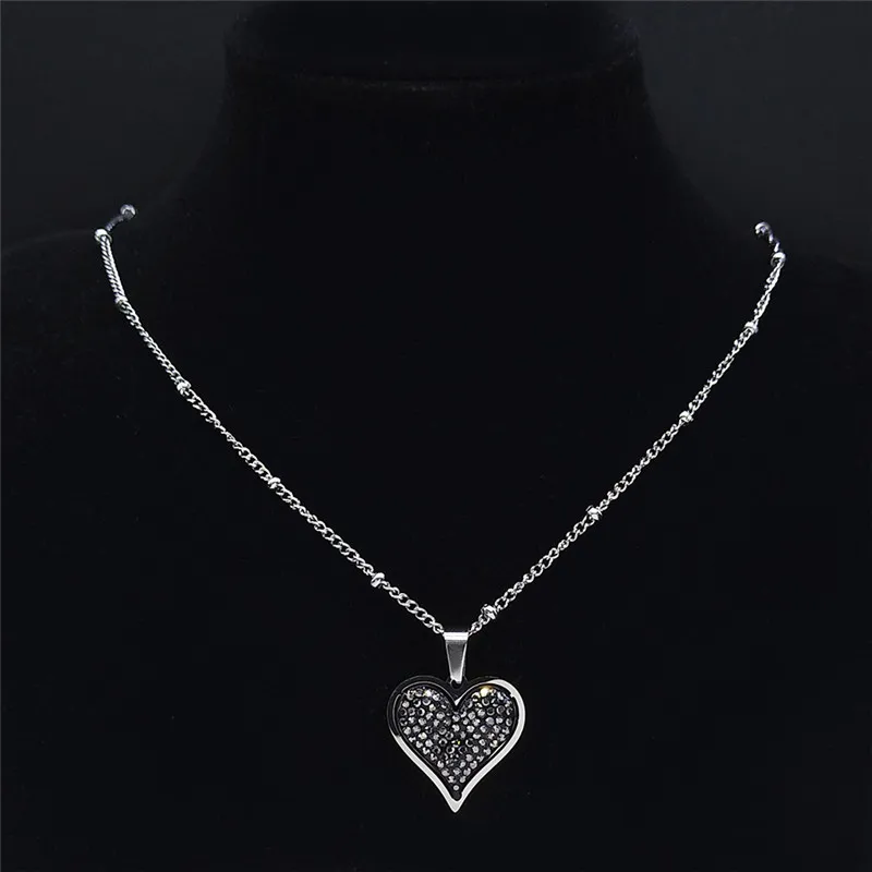 Heart Black Crystal Stainless Steel Pendant Necklace Women Silver Color - Image 3
