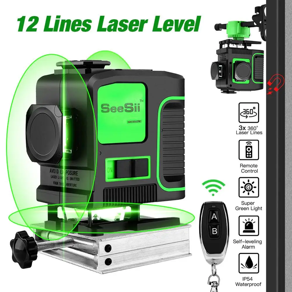 

Laser Level Green light 12 Lines Self-Leveling Vertical Horizontal Powerful 360 Bracket 532nm 3D Nivel Lasers Receiver