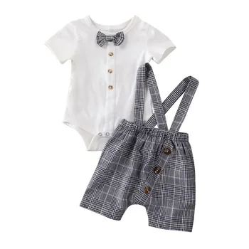 

New Baby Boys Summer Clothes Gentleman Short Sleeve Bowtie Button Rompers Tops+Suspender Short Pants Kids Boys Outfit
