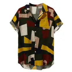 Camisas мужская летняя рубашка в винтажном стиле с этническим принтом и отложным воротником, рубашка с коротким рукавом, топы, Свободные