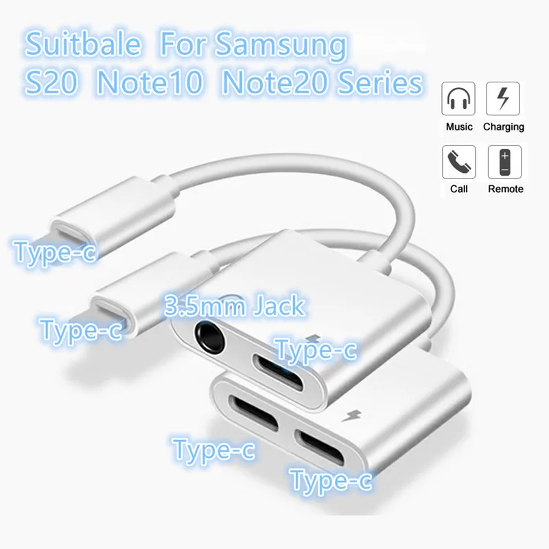 Для Samsung Galaxy Note 20 S20 Ultra 10 Plus 5G USB C адаптер для аудио-зарядки с двойным разветвителем