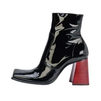 

Square toe Martin boots women's spring and autumn single boots color matching striped thick heel short side zipper boots high he