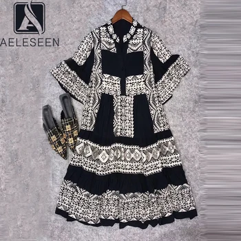

AELESEEN Vintage Black Dress 2020 Runway Fashion Flare Sleeve Women Dress Flower Embroidery Pleated Party Holiday Midi Dress