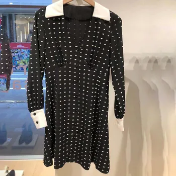 

Women's V-neck Mini Dress Contarst Color Patchwork Dot Jacquard Long Sleeve Loose Short Dress