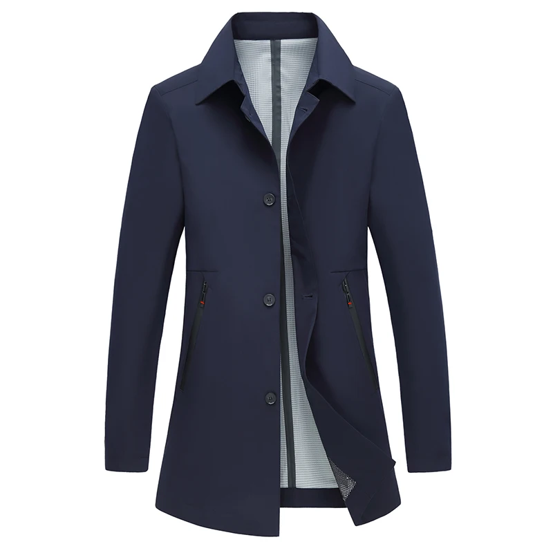 

Coat Men Casual Autumn Spring Trench Coat Solid Men's Windbreaker Turn-down Collar Jacket Black Navy Blue Gray Long Jacket Men