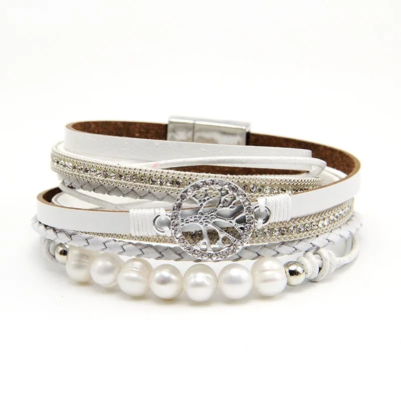 Женский кожаный браслет в стиле бохо, ювелирное изделие, полый браслет "Древо жизни" для женщин, многослойный браслет на запястье, женский браслет - Окраска металла: C-white