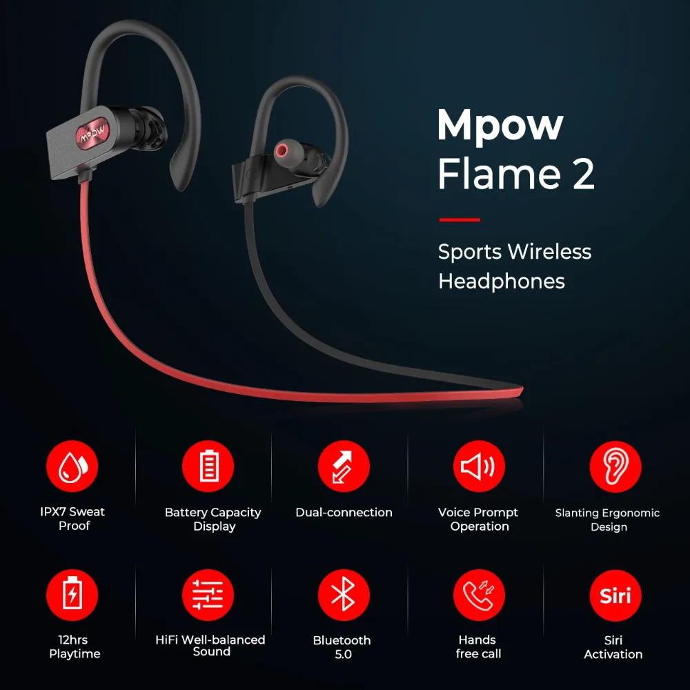 Mpow Flame2 Спортивная Bluetooth гарнитура IPX7 ушные крючки наушники беспроводные наушники с 3 парами ушных колпачков fone de ouvido