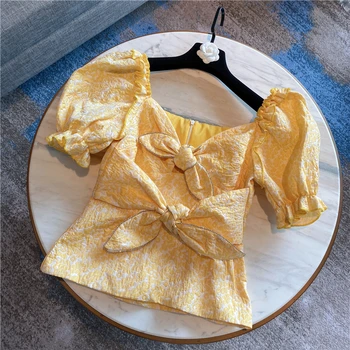 

2020 Spring and Summer Sweet Diamond Edge Bow Puff Sleeve Shirts Elegant Women Slim Short Tops Lady Blouses Crop Tops