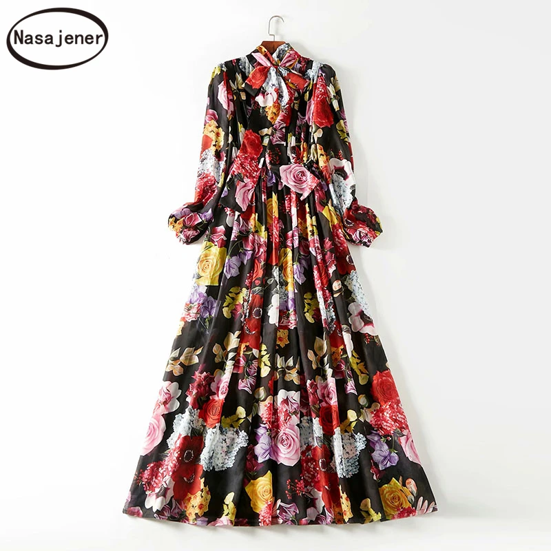 

Spring And Autumn New Temperament Sweet Boho Long Sleeve Printed Bow High Waist Vacation Beach Wind Travel Beach Long Dress