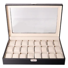 Коробка для часов, органайзер, чехол для часов для мужчин и женщин, из искусственной кожи, 24 слота для дисплея, держатель для часов со стеклянным верхом, с замком, черный цвет