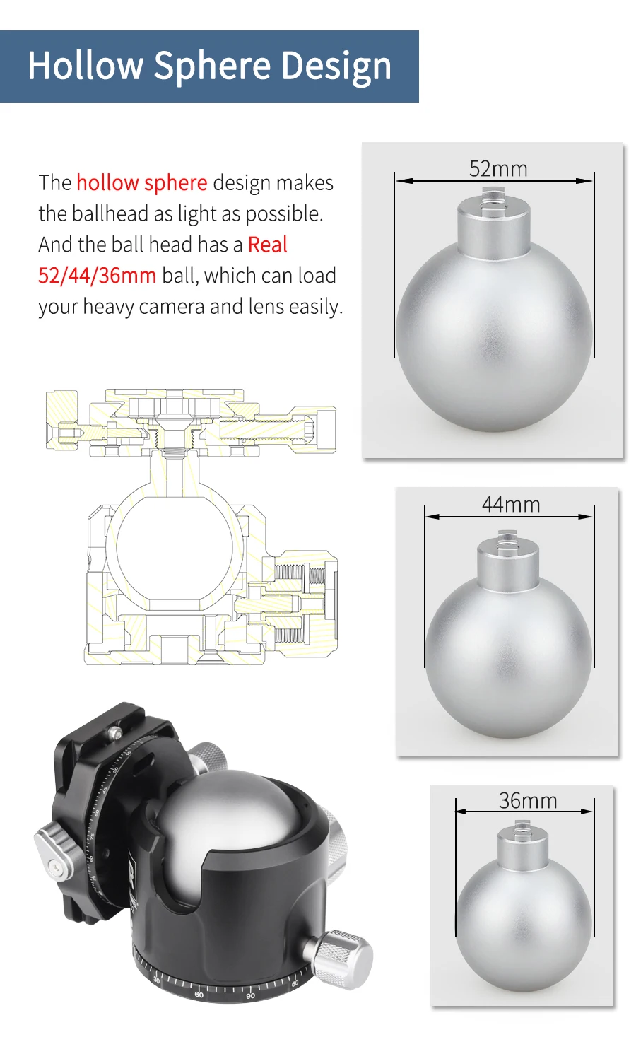 V52 / V44 / V36 Tripod Low Gravity Center Dual Panoramic Ball Head for Digital S