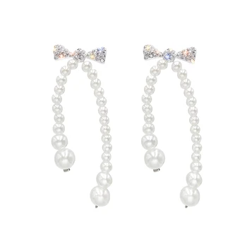 

DI-122 Korean new design fashion jewelry exaggerated long white pearl woven bow crystal temperament female earrings