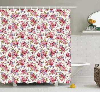 

Cat Lover Decor Collection, Pattern with Hearts Happy Walking Shape Kitty Domestic Animal Silhouette, Polyester Fabric Bathroom