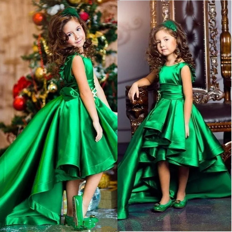 69Emerald Green Satin Girls Pageant Dresses Crew Neck Cap Sleeves Short Kids Celebrity Dresses 2017 High Low Flower Girls Gowns