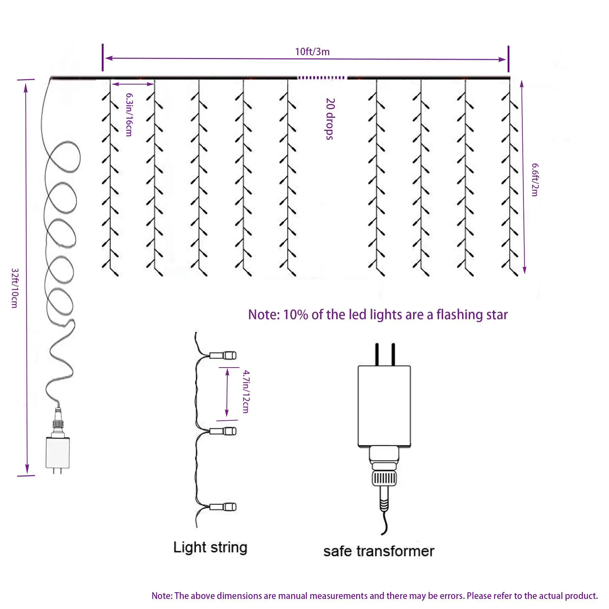 3x2 LED Twinkly Curtain String Lights droop Window Fairy Icicle String Lights 360LEDs Outdoor for Wedding Christmas Party Decor