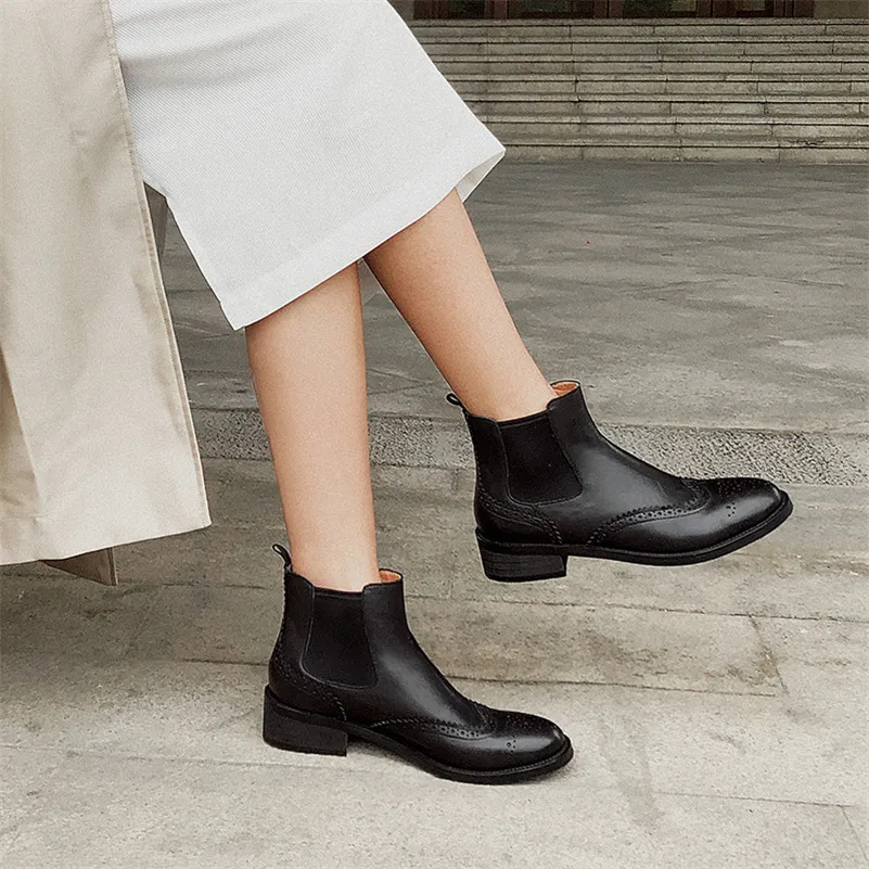 Meotina Chelsea Boots Women Natural Genuine Leather Thick Heels Ankle Boots Winter Autumn Round Toe Brogue Shoes Ladies Size 42