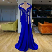 Скромные синие платья для выпускного вечера с высоким Боковым Разрезом, с открытыми плечами, с длинным рукавом, с аппликацией, вечерние платья, Длинные вечерние платья