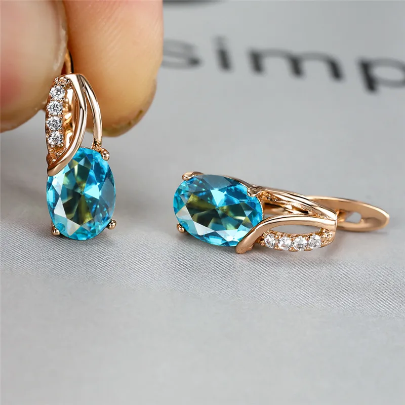 Aqua Blue Zircon Oval Stone Earrings Multicolor Crystal Hoop Earrings Rose Gold Color Engagement Earrings For Women Boho Jewelry