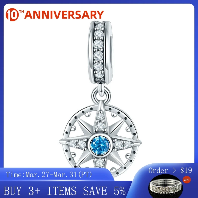 

CodeMonkey 925 Sterling Silver Sparkling Nautical Compass Star Clear CZ Pendant Charms Fit Bracelets & Necklaces DIY Jewelry 847