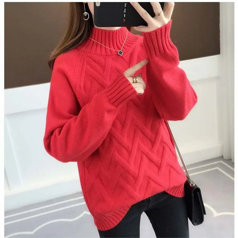 red PEONFLY Толстая Водолазка Теплый женский свитер осень зима вязаный Femme Pull высокая эластичность мягкий женский пуловер свитер - Цвет: red