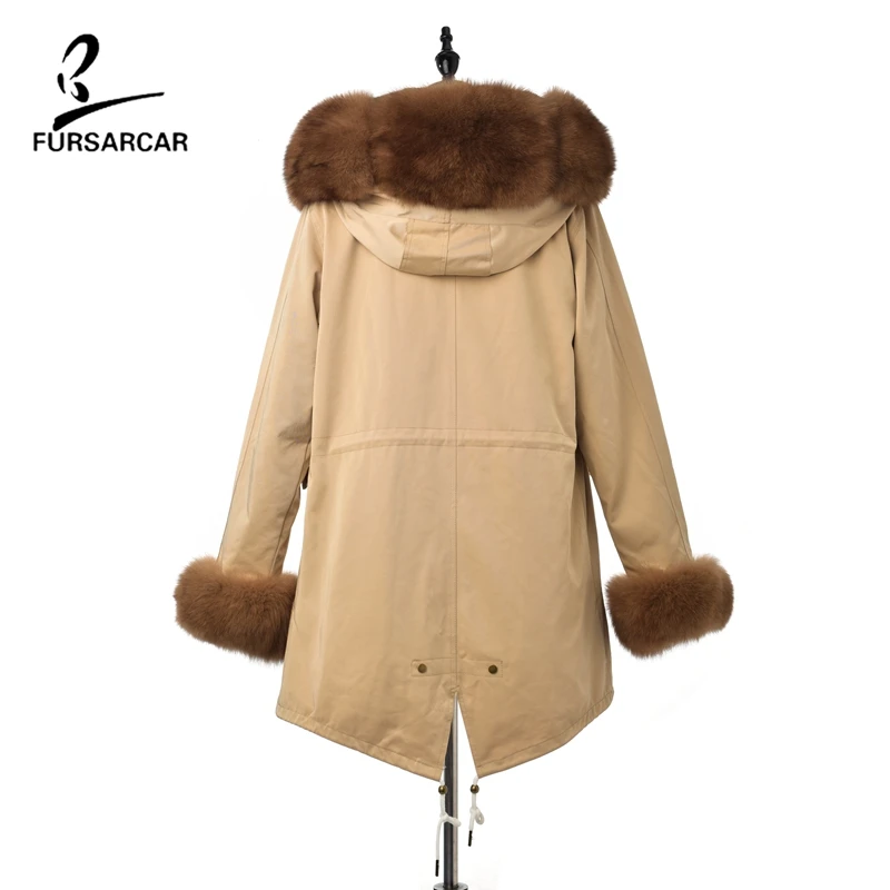 Женская зимняя парка цвета хаки с воротником из настоящего коричневого лисьего меха с капюшоном, толстая теплая куртка и пальто для женщин, новинка, модная одежда
