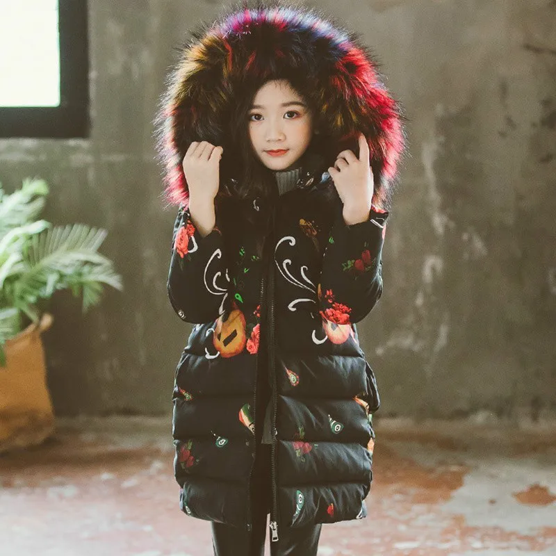 

2019 Girls Winter New Cotton Jackets Children Fashion Fur Collar Letters Coats Girl Thickening Hooded Warm Jacket kids Clothes