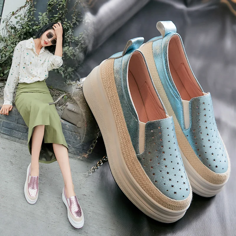 

2019 Spring Platform Shoes Women's Thick Bottomed England Slip-on Lazy Loafers Hollow out Breathable WOMEN'S Shoes Flat Shoes