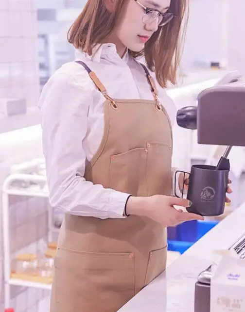 

Genuine Leather Webbing-Korean Style Apron Pure Cotton Work Apron Tea Shop Cafe Cake Shop Apron