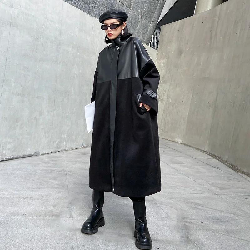 Winter Ladies Punk Gothic Long Trench British Style Warm Padded Loose Windbreakers PU Leather Coat Women Casual Clothing Spring | Женская