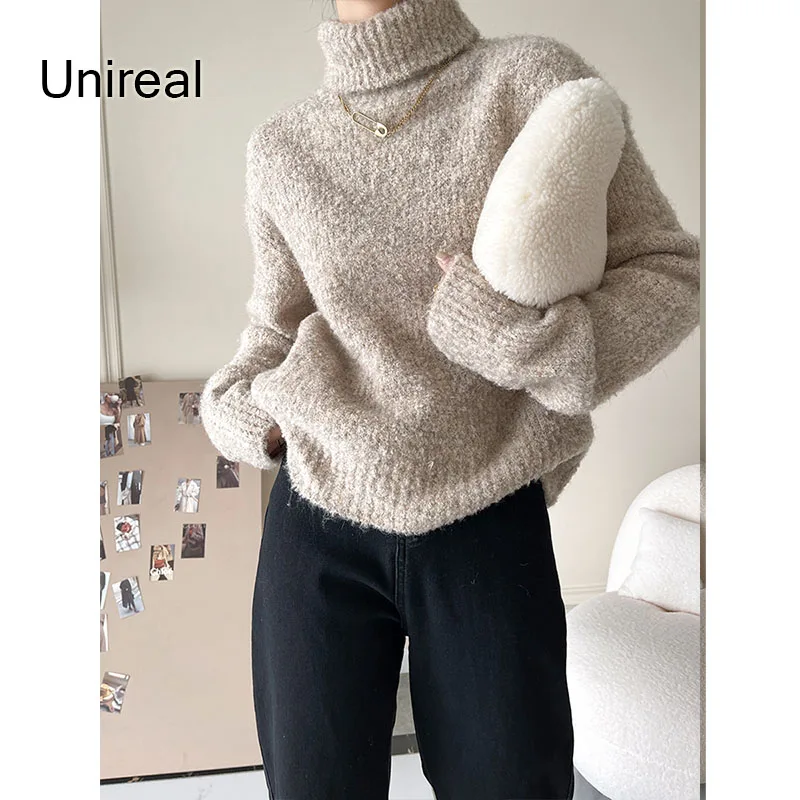 

Unireal 2022 Winter Women Thick Pullover Sweater Blue Chic Long Sleeve Loose Casual Female Long Knitted Turtleneck Sweater