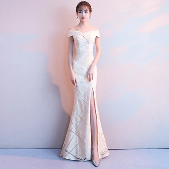 

Evening Dress White Mermaid Long Formal Party Gown Boat Neck Off The Shoulder Women Robe De Soiree Backless Elegant Dresses F122