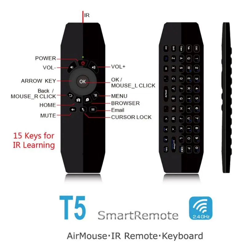 

T5 Mic Voice Air Mouse IR Learning Remote Control Mini Wireless Keyboard For Android TV Box PC Laptop