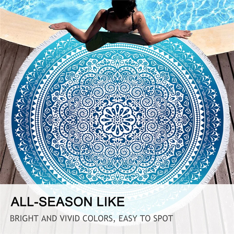 BeddingOutlet Bohemian Round Beach Towel Sky Blue Tassel Mandala Tapestry Yoga Mat Floral Toalla Sunblock Boho Blanket