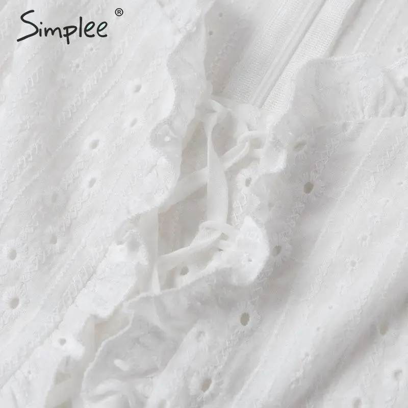 Simplee, винтажная белая блузка с оборками, рубашка, Женская кружевная рубашка, топы, летние, праздничные, повседневные, пляжные, с вышивкой, blusas mujer