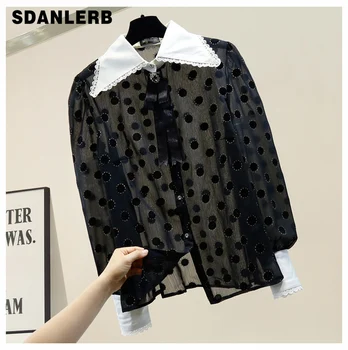 

Lace Panel Bow Polka Dot Chiffon Microlens Shirt Women's Blouses and Tops Red Shirt Ladies Loose Black Shirts Bluzki Damskie
