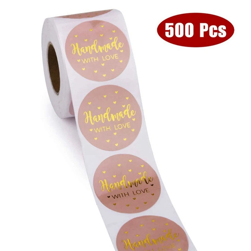 500pcs/roll Pink Gold Stickers Thank You Sticker Thank You for Your Order Handmade With Love sticker Round Seal Adhesive Labels