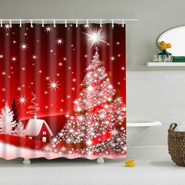 Lighted Christmas Shower Curtain Happy New Year Waterproof Red