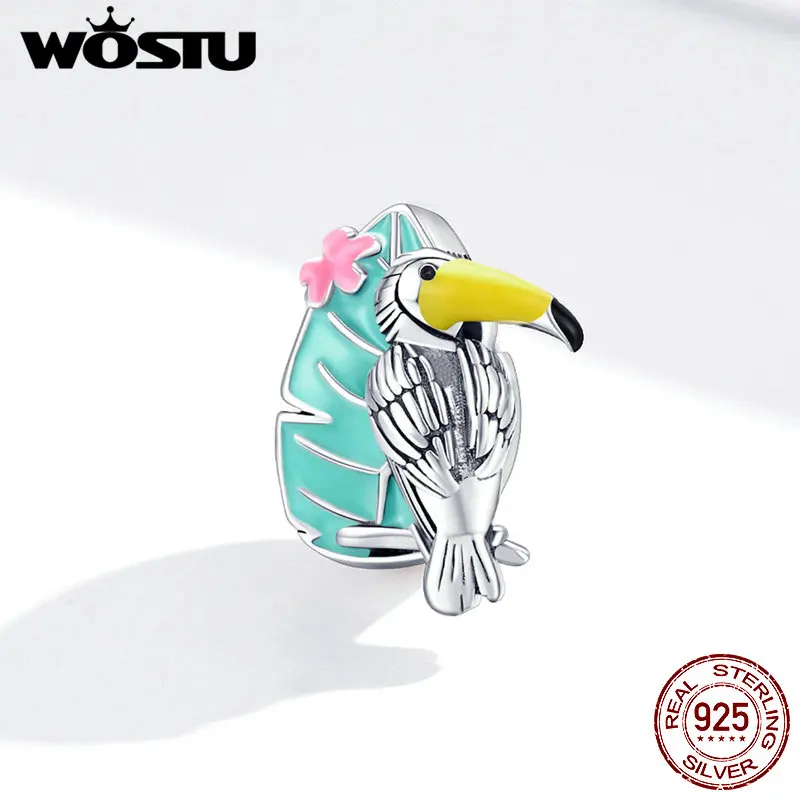 

WOSTU 925 Sterling Silver Charm Bead Crystal Vibrant Toucan Dangle Pendant Charms Fit Original Pandora Bracelets DIY Jewelry