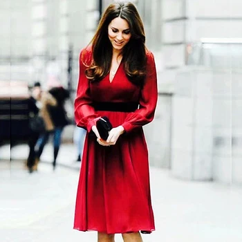 

Kate Middleton Runway High Quality Spring 2020 New Women'S Fashion Workplace Casual Party Vintage Elegant Chic V-Neck Red Dress