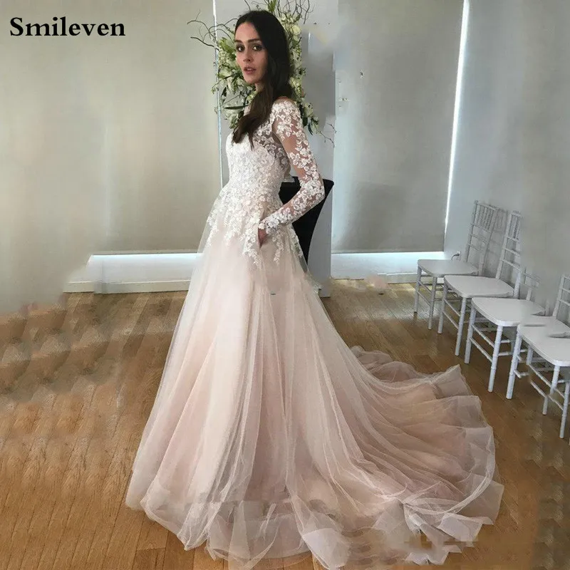 

Smileven Princess Wedding Dresses Long Sleeve Boho Lace Applique Bride Wedding Gowns Romantic Buttons Back vestido de noiva