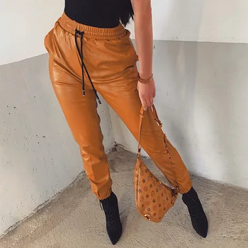 

High Waist Elastic Faux Leather Pants Trousers Women Stretch Casual Pants Autumn New Streetwear Pu Leather Harem Pants Women