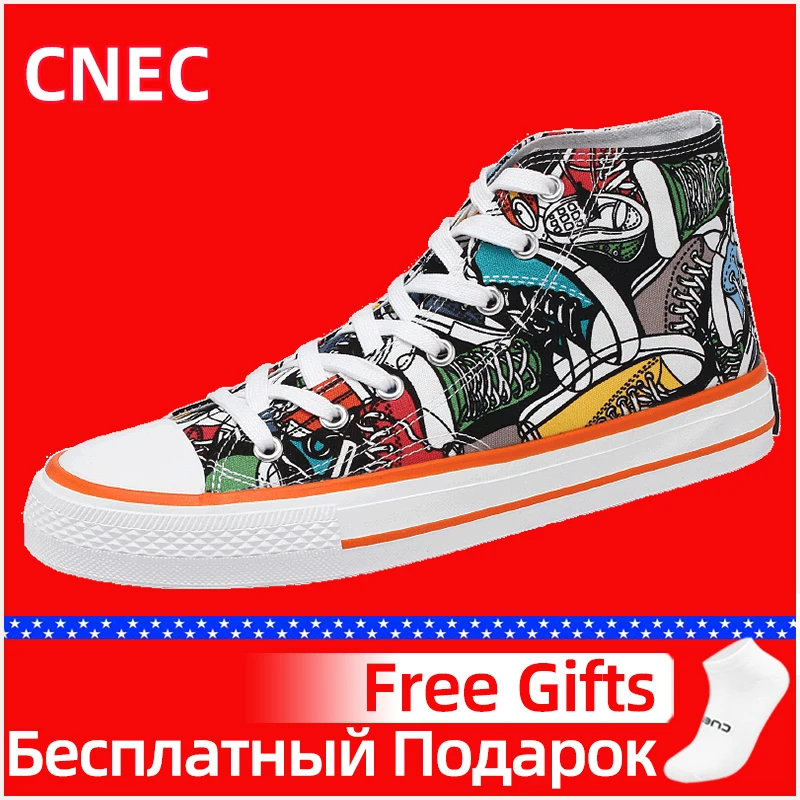 

2020 Genuine CNEC Sneakers Canvas Shoes for Men Teenage Skateboard Black High Top Breathable Summer Spring Platform Bona Light