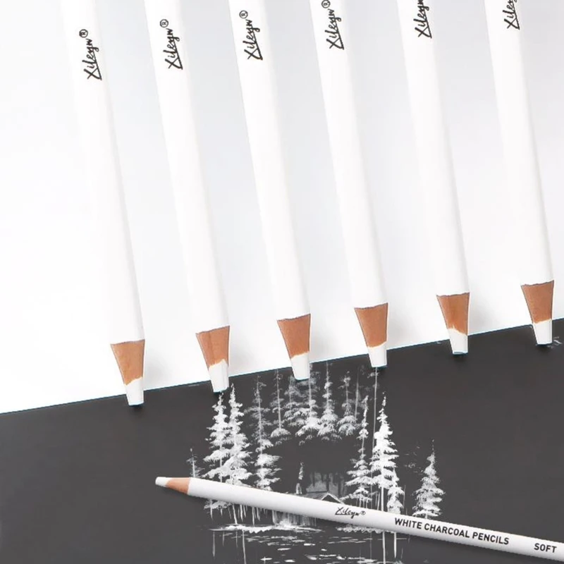 Set of 6 Prmeium White Charcoal Pencils Set 3 Pcs Soft 3 Pcs Medium Sketch Highlight White Pencils for Ideal for Drawing